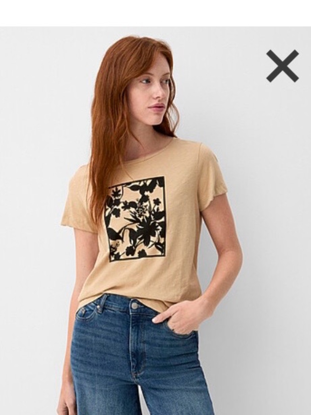 Simons Beige Short-Sleeve Tee with Black Floral Panel
